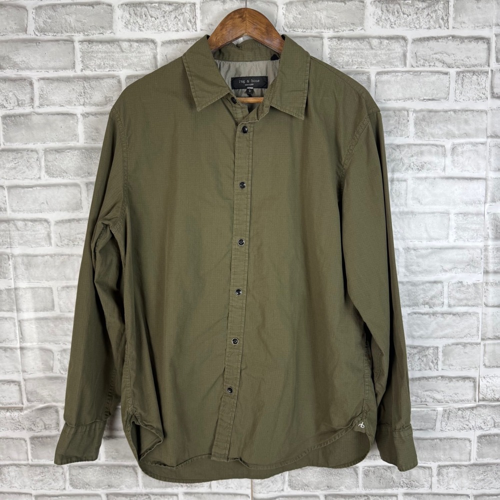 Rag & Bone Mens Olive Green Ripstop Cotton Long Sleeve Button Down Shirt LARGE